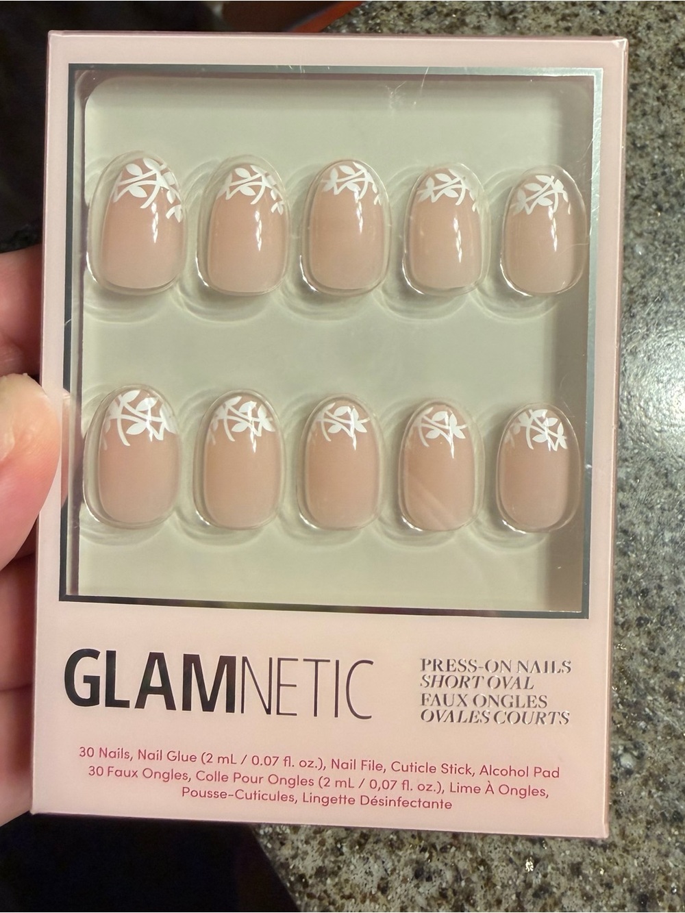 GLAMNETIC Love Preserved- Nude Press-On Nails with White Floral Tip